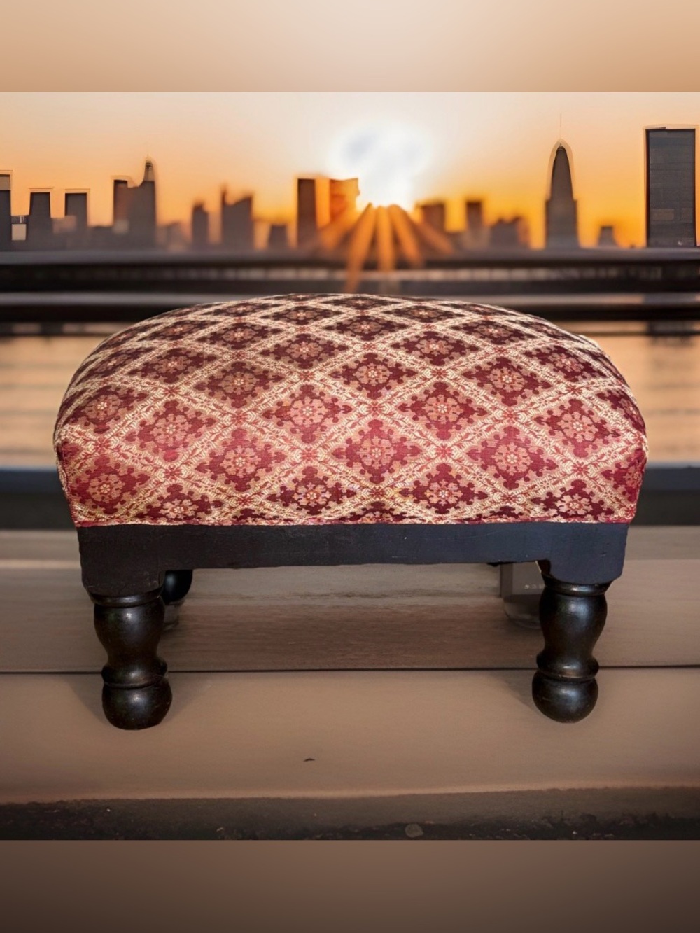 Vtg 10.5" Burgundy Brocade Footstool Small Ottoman Dark Wood Turned Legs Damask
